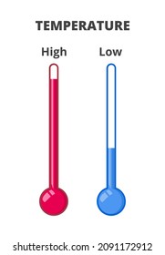 Vector illustration of two thermometers isolated on a white background. Red and blue thermometers, comparison of high and low temperature. Thermometer measures temperature, hot and cold weather.