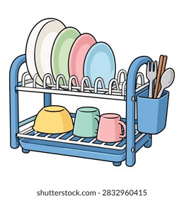 Vector illustration of a two tier kitchen dish drying rack with plates and cups. High quality graphic suitable for kitchenware catalogs, house chores infographics, and cooking blogs.