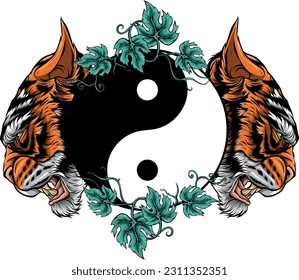 vector illustration of two tiger head with yin yang symbol
