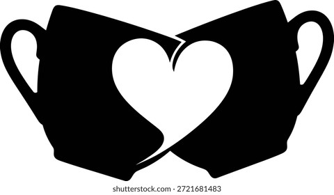Vector illustration of two tilted coffee mugs forming a negative space heart between them representing a coffee date, love, romance, and cafe culture isolated on white background