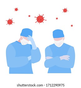 Vector illustration of two tired  and stressed doctors in masks and viruses around. Virus fight concept. Medical soldiers. Waiting the vaccine