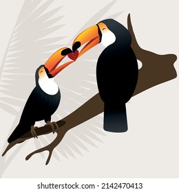 Una ilustración vectorial de dos pájaros toco toco-tocan enamorados que se unen a las piezas del corazón. Tocan de gradiente colorido sobre un fondo claro