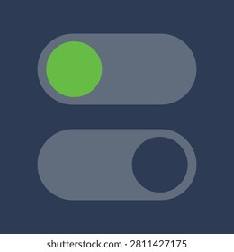 A vector illustration of two toggle switches, one in the ON position with a green indicator and one in the OFF position, set against a dark blue background.