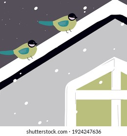 Vector illustration of two tomtits on the roof of a house on a snowy night