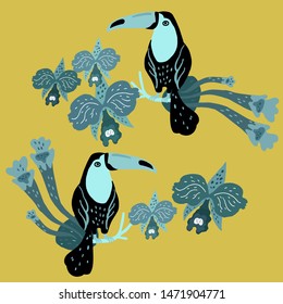 Vector illustration with two toucans surrounded by orchids and tropical plants.
