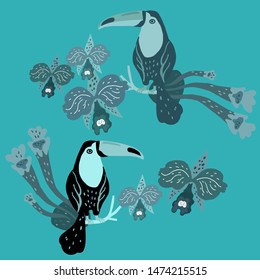 Vector illustration with two toucans surrounded by orchids and tropical plants.