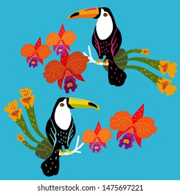 Vector illustration with two toucans surrounded by orchids and tropical plants.