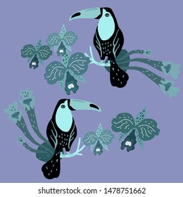 Vector illustration with two toucans surrounded by orchids and tropical plants.