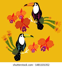 Vector illustration with two toucans surrounded by orchids and tropical plants.