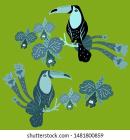 Vector illustration with two toucans surrounded by orchids and tropical plants.