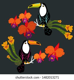 Vector illustration with two toucans surrounded by orchids and tropical plants.