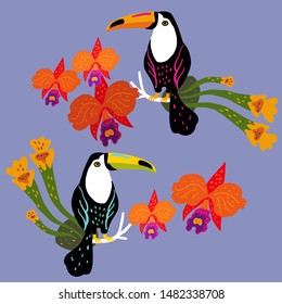 Vector illustration with two toucans surrounded by orchids and tropical plants.