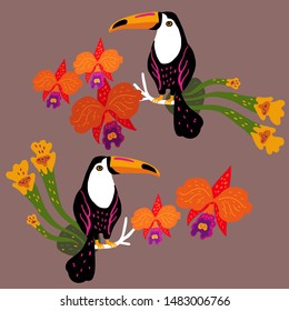 Vector illustration with two toucans surrounded by orchids and tropical plants.