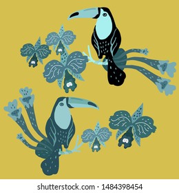 Vector illustration with two toucans surrounded by orchids and tropical plants.
