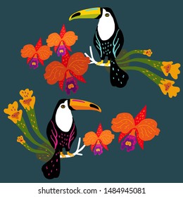 Vector illustration with two toucans surrounded by orchids and tropical plants.