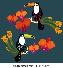 Vector illustration with two toucans surrounded by orchids and tropical plants.