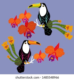 Vector illustration with two toucans surrounded by orchids and tropical plants.