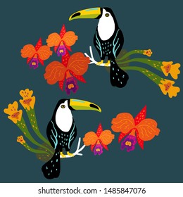 Vector illustration with two toucans surrounded by orchids and tropical plants.