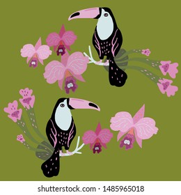 Vector illustration with two toucans surrounded by orchids and tropical plants.