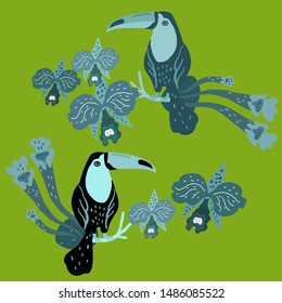Vector illustration with two toucans surrounded by orchids and tropical plants.