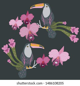 Vector illustration with two toucans surrounded by orchids and tropical plants.