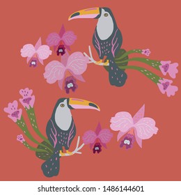 Vector illustration with two toucans surrounded by orchids and tropical plants.