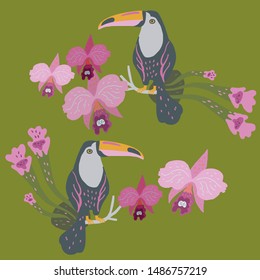 Vector illustration with two toucans surrounded by orchids and tropical plants.