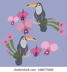 Vector illustration with two toucans surrounded by orchids and tropical plants.