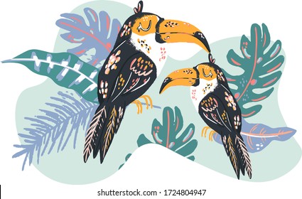 Vector illustration with two toucans surrounded by leavs and tropical plants