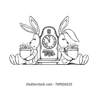 Vector illustration of two toy bunnies sitting on both sides of the vintage clock with wrapped gifts. Illustration for holyday season, greeting cards, banners. Outline illustration of cute rabbits.