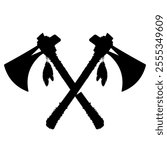 Vector illustration Two Traditional Crossed American Indian Tomahawk Axes. Weapon War Tribal Traditional Black Silhouette Illustration