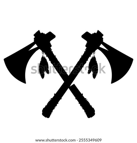 Vector illustration Two Traditional Crossed American Indian Tomahawk Axes. Weapon War Tribal Traditional Black Silhouette Illustration