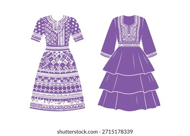 Vektorgrafik von zwei traditionellen violetten Kleider mit floralen Stickereien und abgestuften Röcken ideal für Mode- und Kulturdesign-Referenzen.