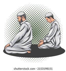 Vector illustration of two traditionally dressed Muslim men praying at the mosque