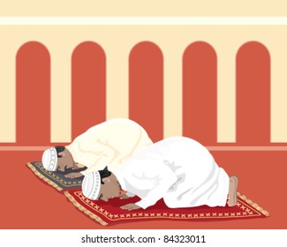 vector illustration of two traditionally dressed muslim men praying at the mosque in eps 8 format