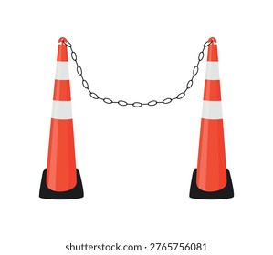 Vector illustration of two traffic cones connected by a chain used to mark restricted areas and provide road safety control.