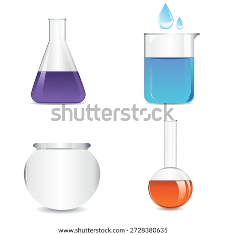 Vector illustration of two transparent glass containers filled with blue liquid, designed in a laboratory beaker style. The image represents liquid volume, fluid level, and glass material with a clean and minimal scientific look. Suitable for chemistry and physics education, laboratory concepts, science textbooks, infographics, and STEM-related visual materials.