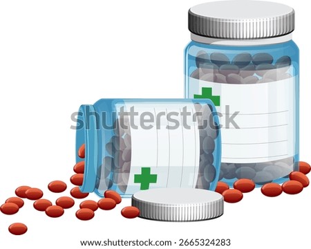 Vector illustration of two transparent medicine bottles, one tipped over with red pills spilling out, clean background, realistic shading and clear labeling