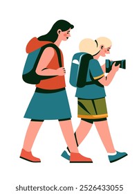 A vector illustration of two travelers walking with backpacks, one holding a camera to capture a moment, isolated on a white background.