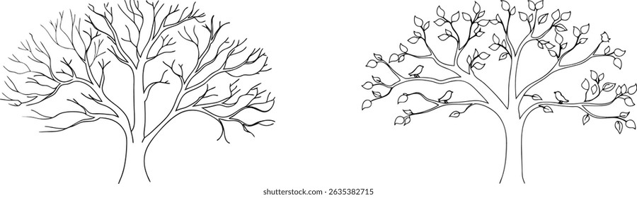 Vector illustration of two trees one bare and one with leaves and birds silhouetted