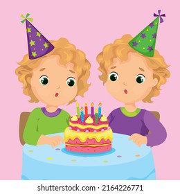 Vector illustration two twin boys on their birthday blow out candles on cake