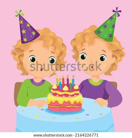 Vector illustration two twin boys on their birthday blow out candles on cake