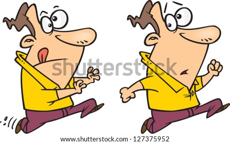 A vector illustration of two twin cartoon men running or chasing each other