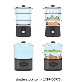 Vector illustration of two types of steamer: an empty steamer and a steamer with products: shrimp, asparagus eggs, carrots and broccoli.