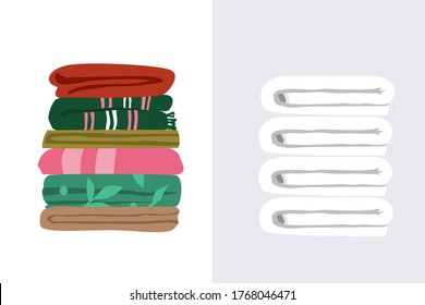 Vector illustration of two types of towels. White terry towels pile and mix matched worn towels folded flat in layers. Ordinary bath towels of different size and color in a pile.