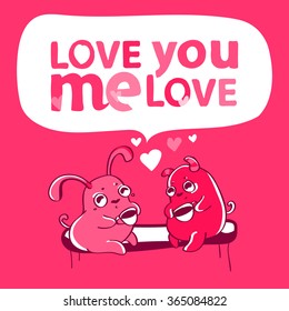 Vector illustration of Two ufo Cute characters with Love  you, love me typography quote for Happy Valentines Day greeting card. Valentines card with funny cartoons.