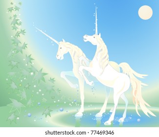 vector illustration of two unicorns in a pool in the forest in eps 10 format