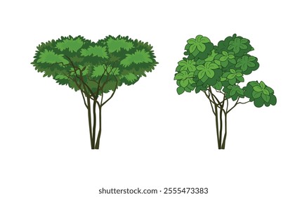 Vector illustration of two unique trees with thick green leaves - perfect for nature themes, landscape design, and art projects