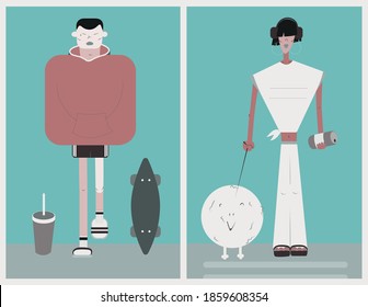 Imagen vectorial de dos personajes urbanos con ropa moderna. 