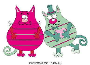 Vector illustration. Two valentine love cats.